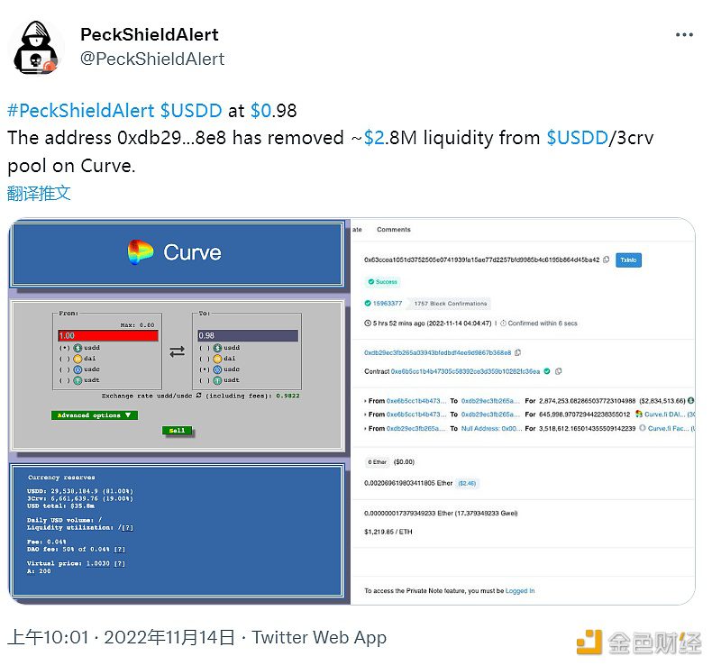 某地址从Curve上USDD/3CRV池移除约280万美元的流动性-第1张图片-欧意下载
