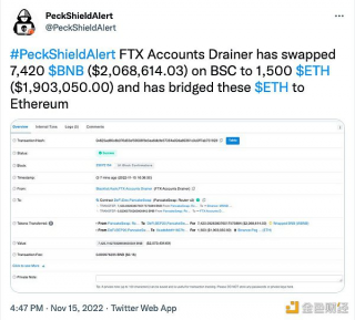 FT攻击事件黑客将BSC上7420枚BNB兑换为1500枚BTH，并桥接至以太坊网络