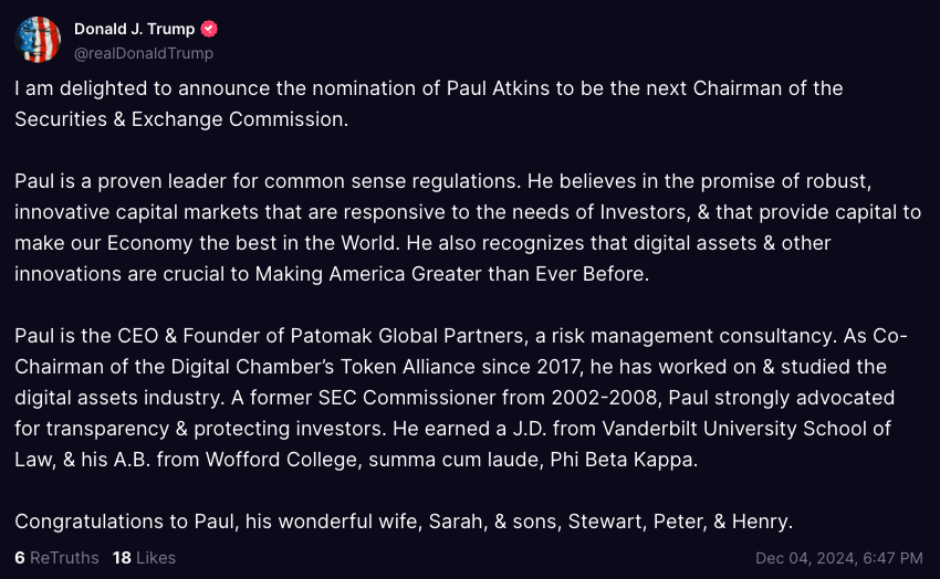 川普提名Paul Atkins任SEC主席,比特币突破10万美元,加密货币监管即将开启新的一页-第2张图片-欧易下载 川普提名Paul Atkins任SEC主席,比特币突破10万美元,加密货币监管即将开启新的一页-第2张图片-欧易下载